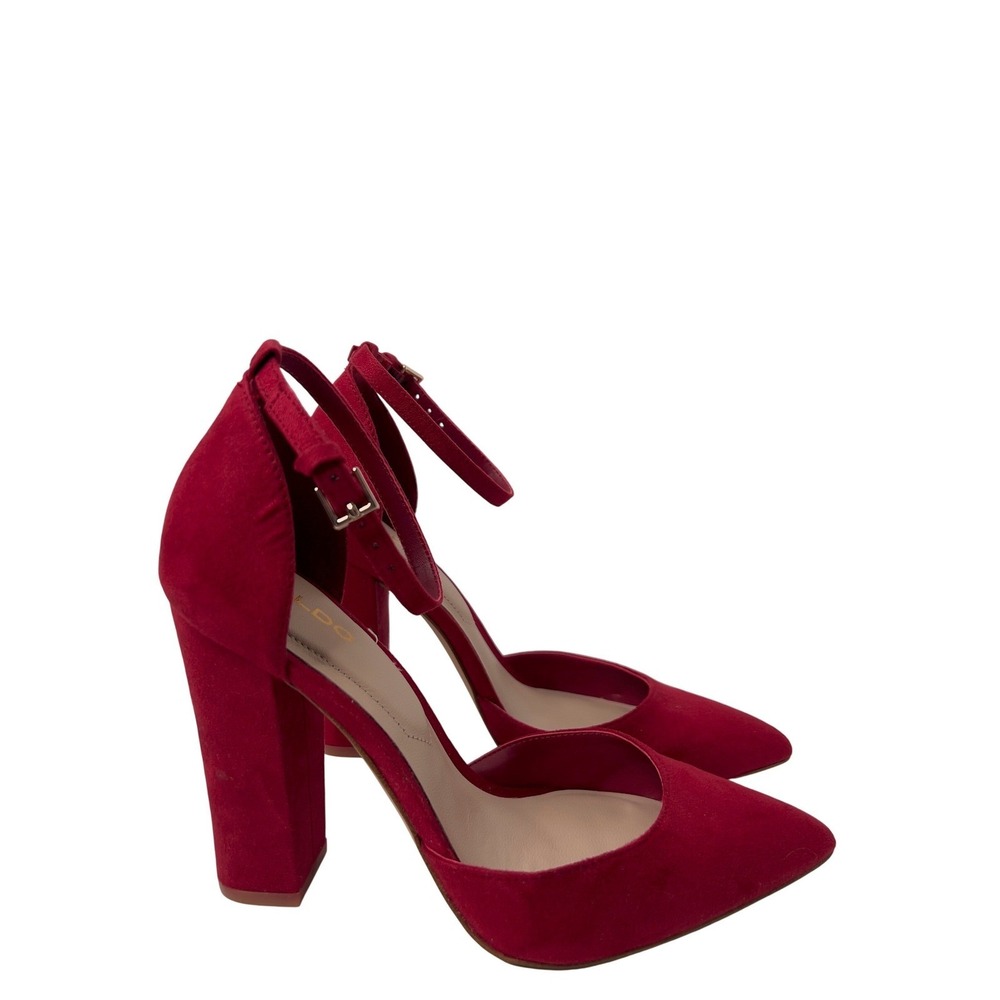 ALDO Women Red Suede Ankle Strap Block Heel Pointed Toe Pumps Size 6